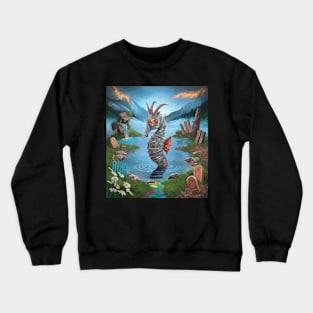 watercolor zombie seahorse in lake with horns Crewneck Sweatshirt